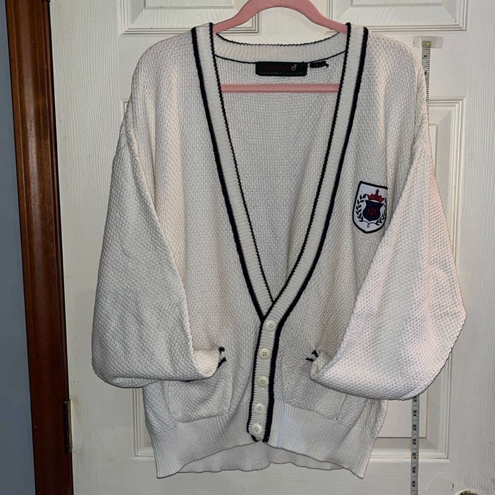 VTG-90’s Hunting horn-Off-white& blue cardigan sweater knit logo chunky V-neck.
